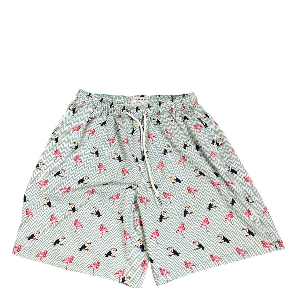 MOSMANN AUSTRALIA Wear/Under Puffin Flamingo Print Swim Trunks/Shorts Green Sz L